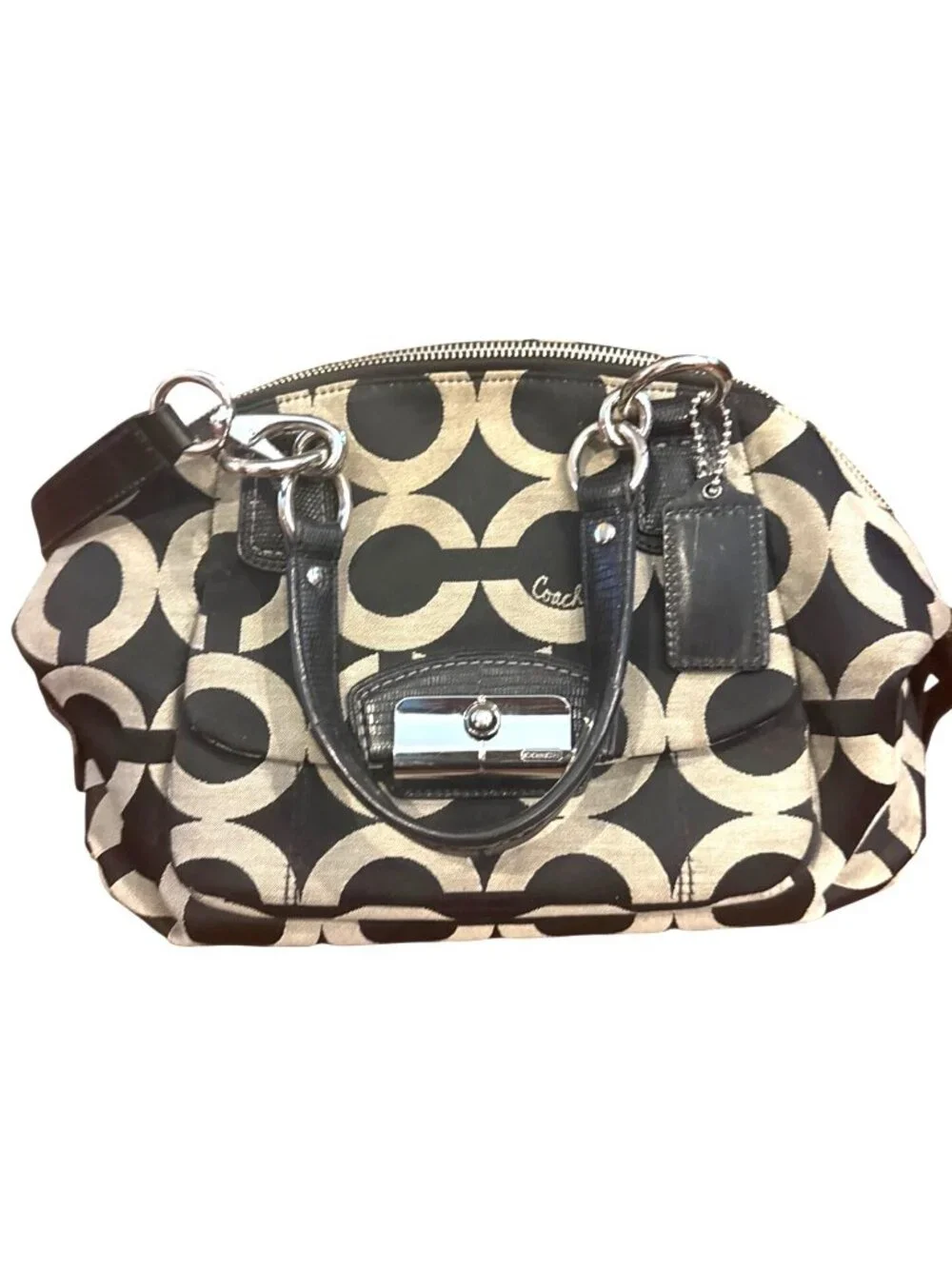 Coach Kristin 19329 Op Art Sateen Domed Satchel Black Cream Shoulder Bag Y2K